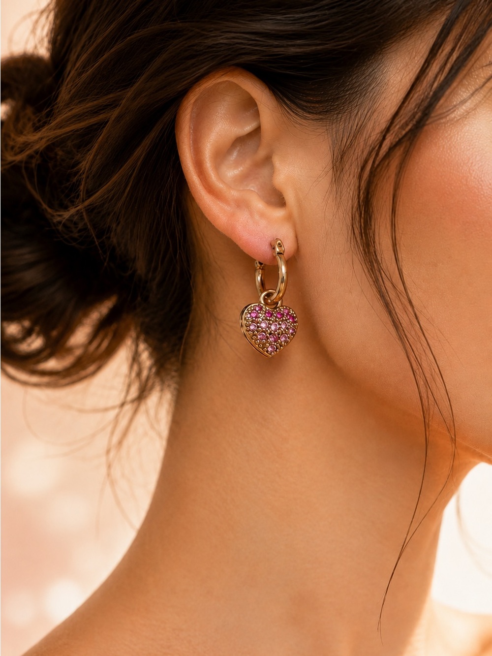 Vintage Y2K Gold Tone Pink Rhinestone Pavé Puffy Heart Dangle Hoop Earrings Glam